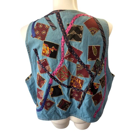Handmade 80s Boho Reversible Vest Sz XL–2X Denim Patchwork Applique Stripe Cotto - Picture 5 of 10